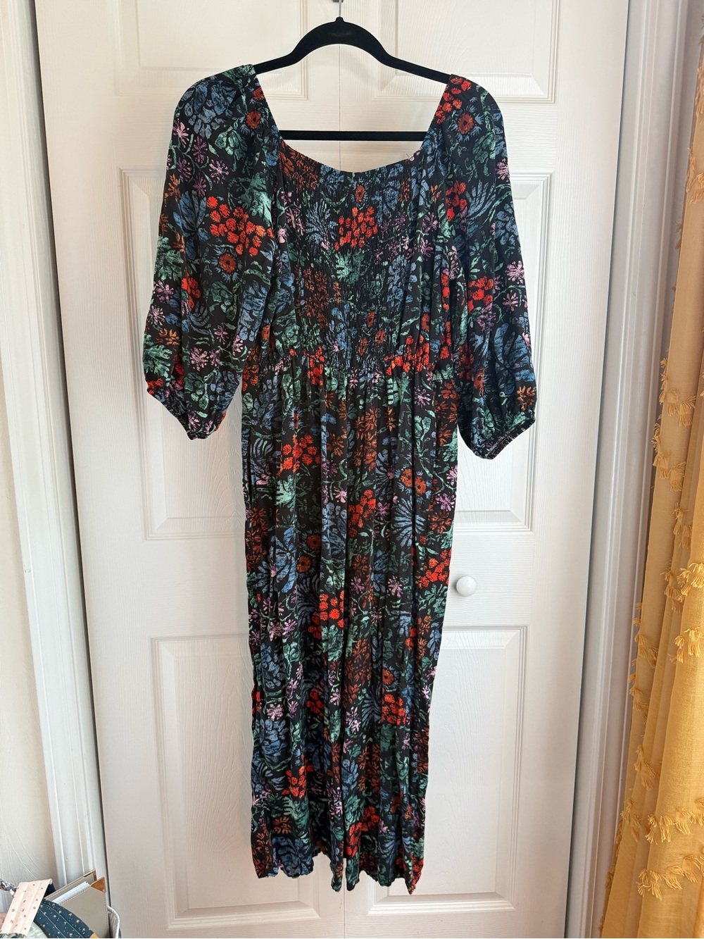 Knox Rose Black Floral Puff-Sleeve Smocked-Waist Jumpsuit